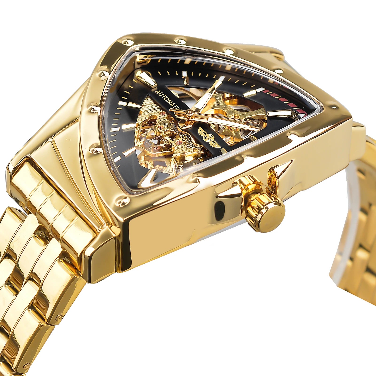 ساعة وينر الذهبية المصنوعة من الفولاذ المقاوم للصدأ Steampunk بتصميم سويسري للرجال على شكل مثلث وهيكل عظمي وساعات ميكانيكية أوتوماتيكية شفافة للرجال