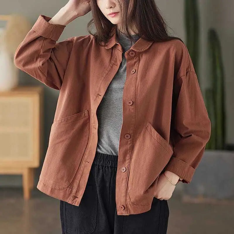 2023 Spring and Autumn Season Art Retro Simple Twill Cotton Solid Pocket Single Breasted Loose and Versatile Women's Shirt Coat