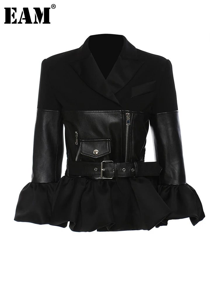 [EAM] Loose Black Leather Sashes Zippers Ruffkes Hem Jacket New Lapel Long Sleeve Women Coat Fashion Spring Autumn 2024 1DE6070