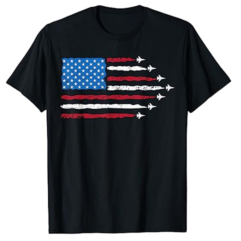 Patriotic Red White Blue US Flag Fighter Jets 4th of July T-Shirt American USA Proud Graphic Tee Memorial Veteran's Day Apparel