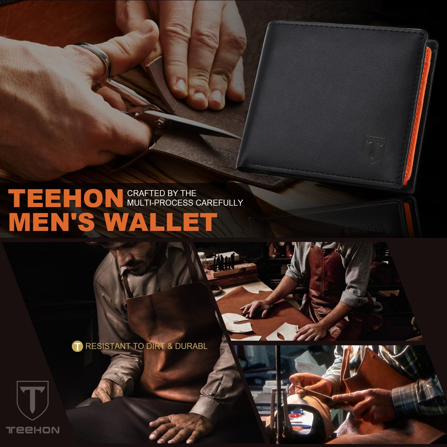 TEEHON Men Genuine Leather Wallet Soft High Quality Purse RFID Coin Card Holder Trifold Black