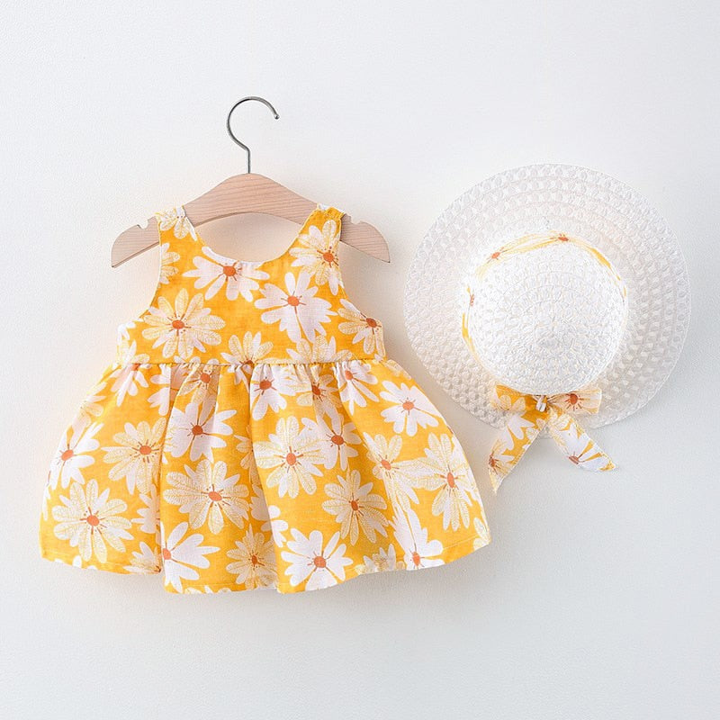 2 قطعة فستان ديزي للفتيات الصيف الحلو القوس فساتين الشاطئ الطفل الوليد الاطفال الملابس 0 إلى 3 سنوات من العمر الأطفال + قبعة