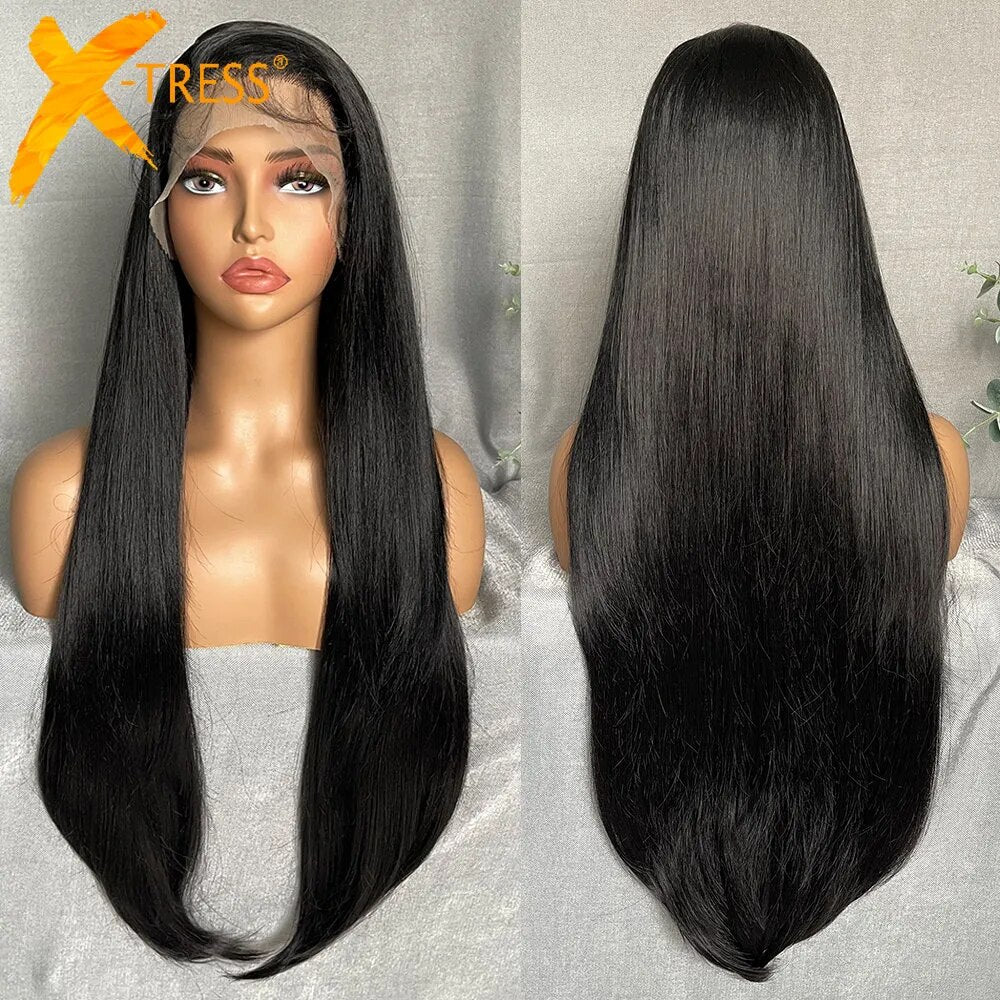 X-TRESS Long Straight Layered Wigs 13X4 Lace Frontal Free