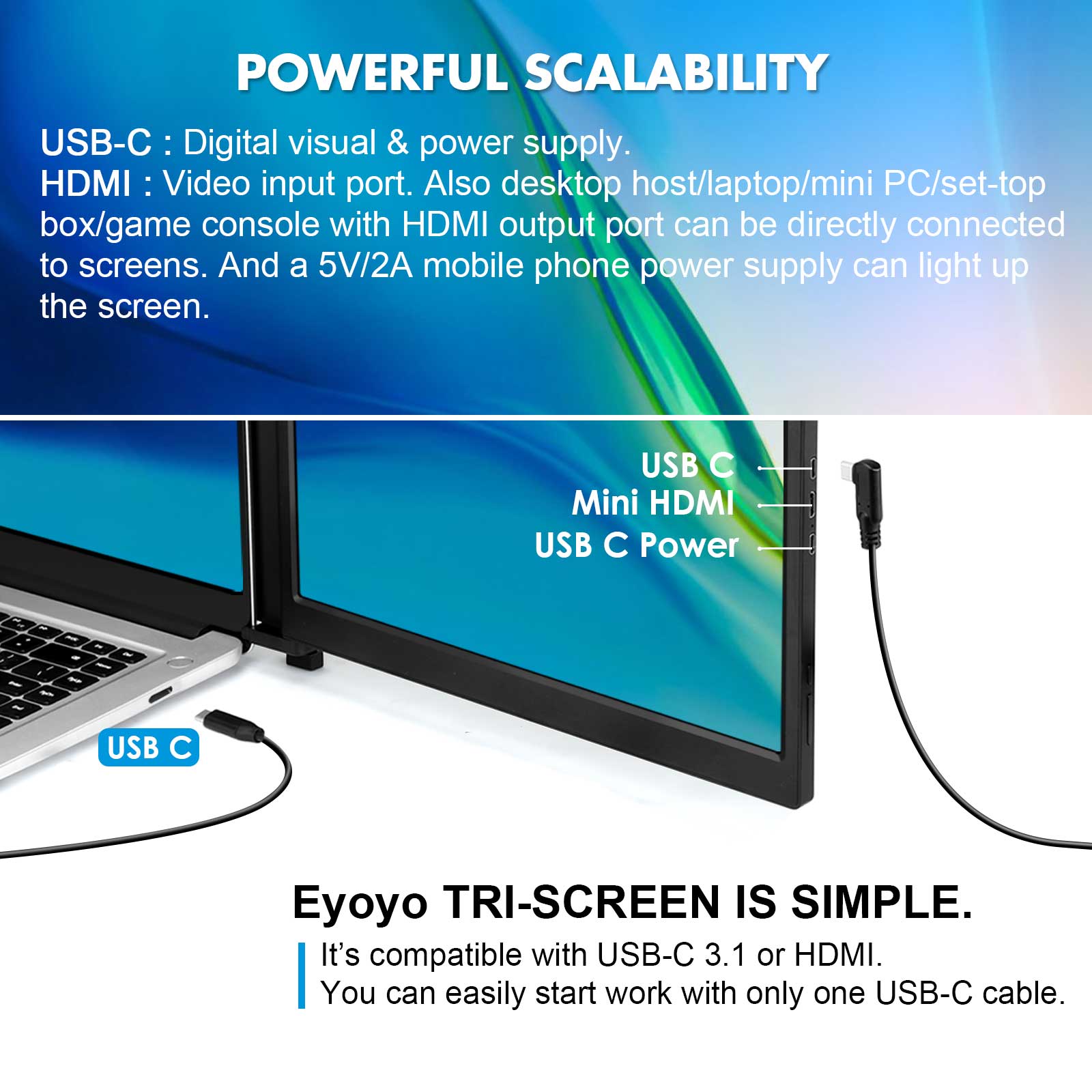 Eyoyo شاشة ألعاب مزدوجة محمولة USB-C شاشة عرض ألعاب 13.3 بوصة HDR 1920x1080P IPS شاشة ثانية لموسع الكمبيوتر المحمول الثلاثي