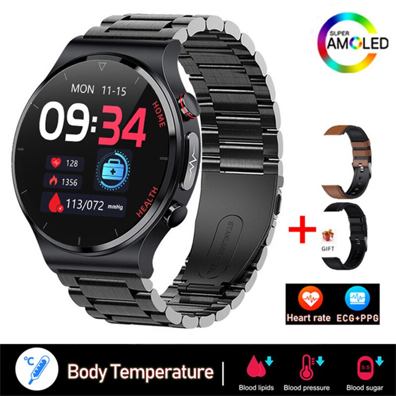 2023 Blood Glucose Smart Watch Full Touch Screen Mens ECG Monitoring Blood Pressure Body Temperature Smartwatch IP68 Waterproof