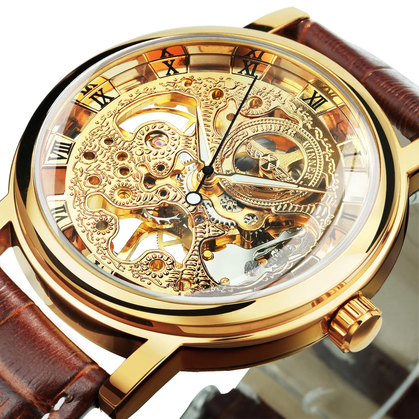 ساعات وينر ميكانيكية فاخرة شفافة ذات هيكل عظمي كاجوال بحزام جلدي ساعة ذهبية للرجال بأيد مضيئة وساعات يد ريترو