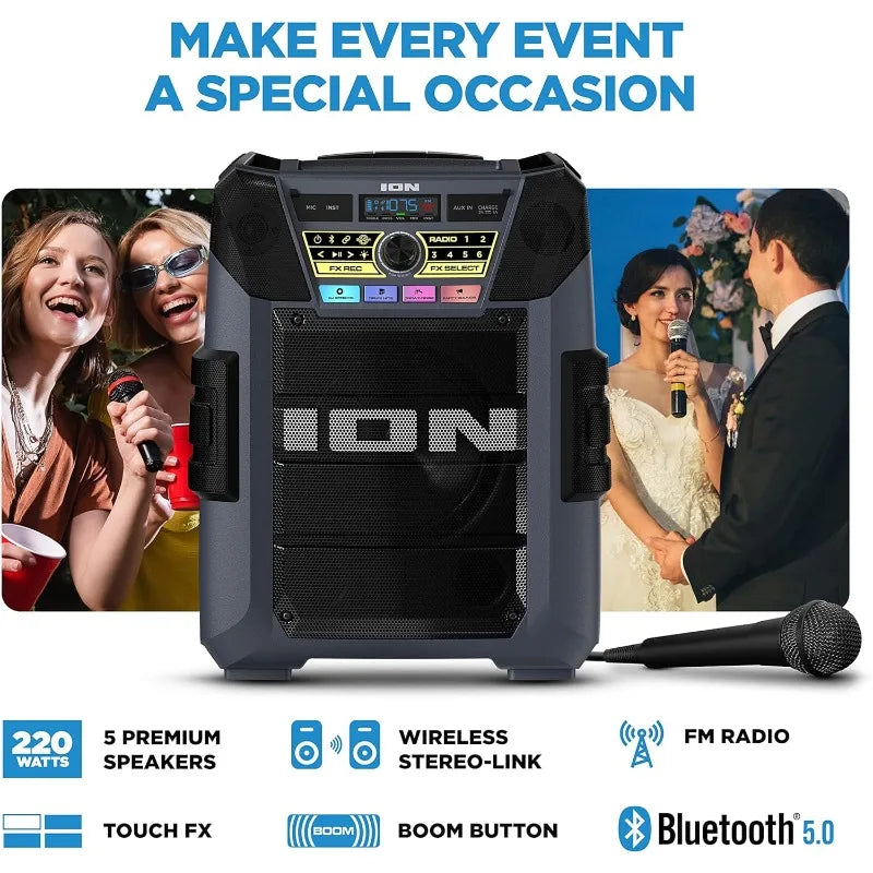 ION Block Rocker XL - Portable Bluetooth Outdoor Party Speaker, 220W, with Karaoke Microphone, Battery, 5 Speakers, Lights