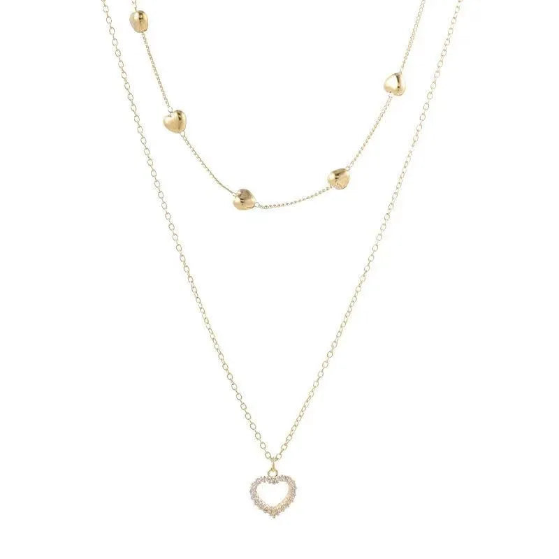 14k Plated Gold Double Layer Heart Necklace Shining Bling AAA Zircon Women Clavicle Chain Elegant Charm Wedding Pendant Jewelry