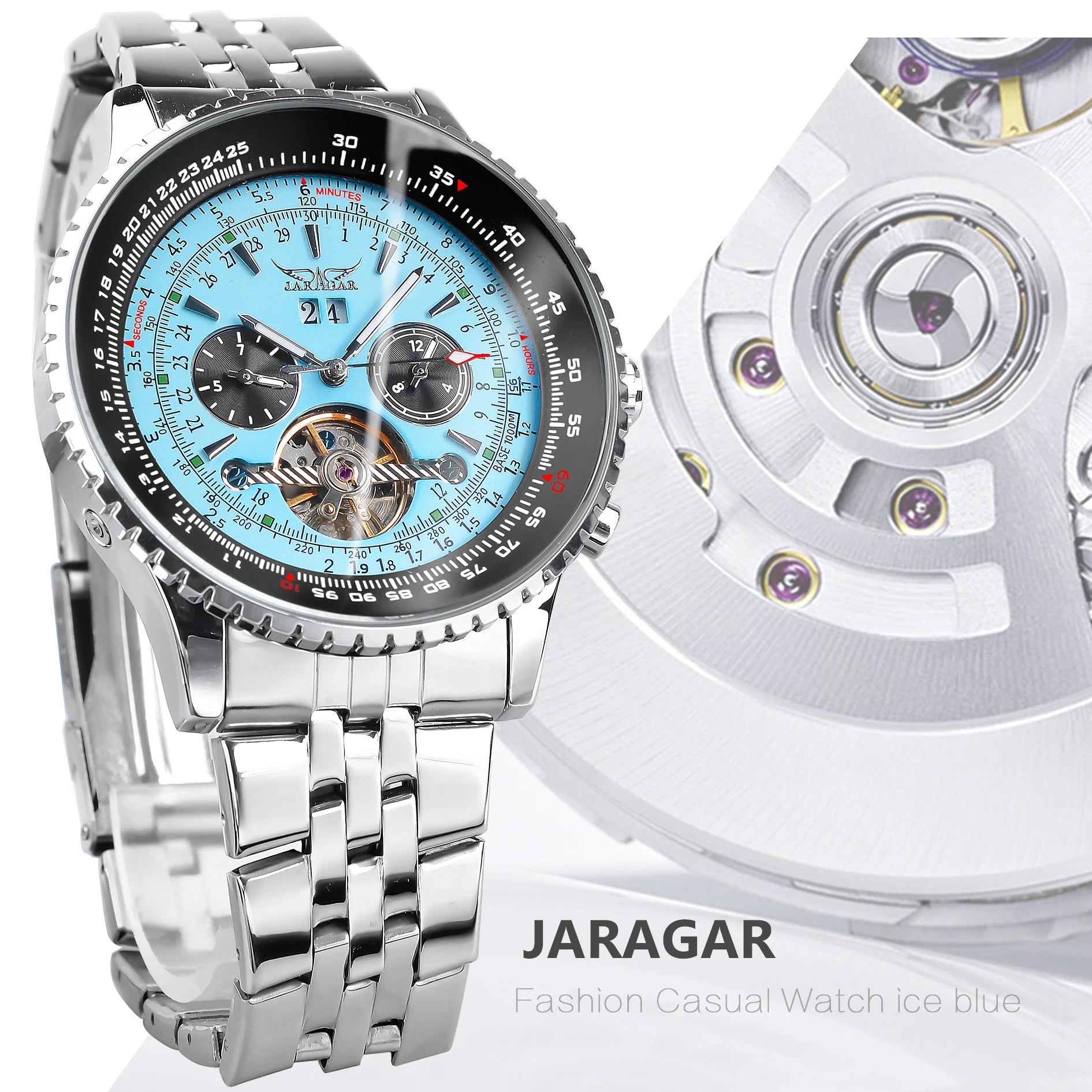 ساعة ميكانيكية أوتوماتيكية للرجال من Jaragar، ساعة توربيون بقرص أزرق، عرض التاريخ، حزام من الفولاذ المقاوم للصدأ، ساعات رياضية عسكرية