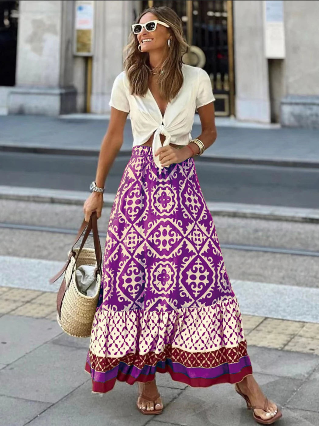 Jastie Boho Retro Floral Print Skirts Women 2023 Summer High Waist A-Line Pleated Long Skirts Casual Holiday Beach Skirt