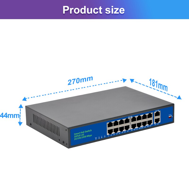 Terow 18Port POE Ethernet Switch 52V VLAN 10/100Mbps IEEE 802.3 Af/at Standard Network Switch for IP Camera Wireless AP 250m
