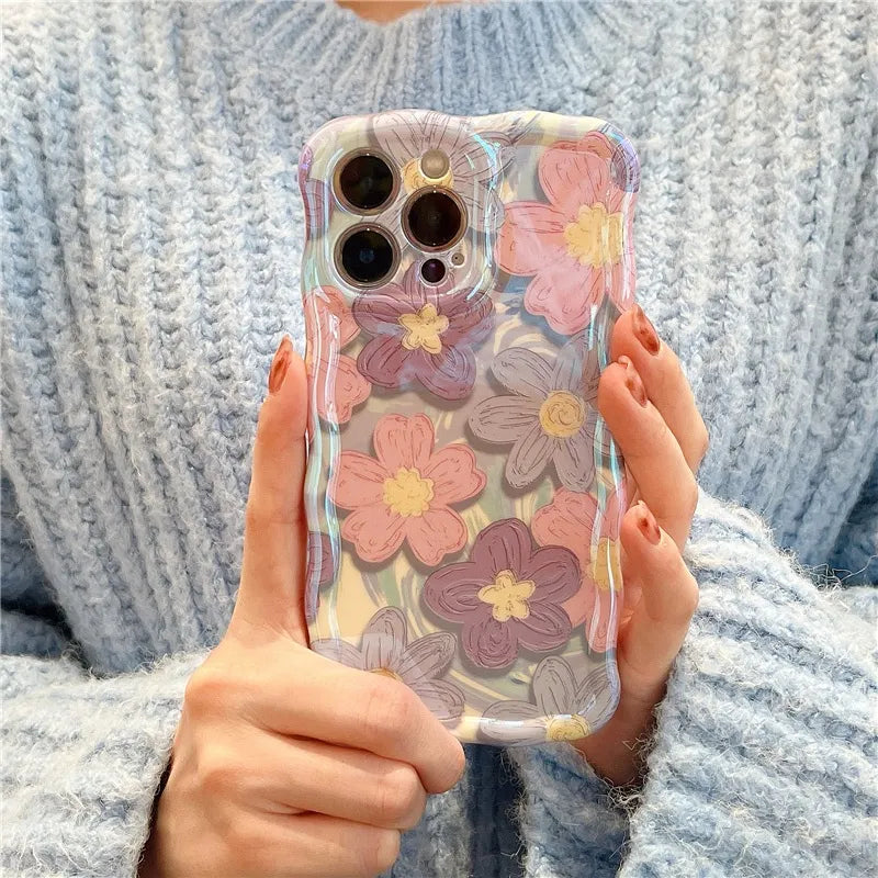 Luxury Flowers Laser Glitter iPhone Case For iPhone 14 Pro Max 13 12 11 14 Plus Fashion Soft Silicone Shockproof Bumper Cover