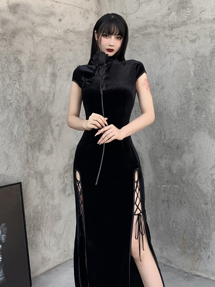 Goth Dark Romantic Gothic Velvet Aesthetic Dresses Vintage Women Black Bandage SlitHem Bodycon Dress Sexy Evening Wear Cheongsam