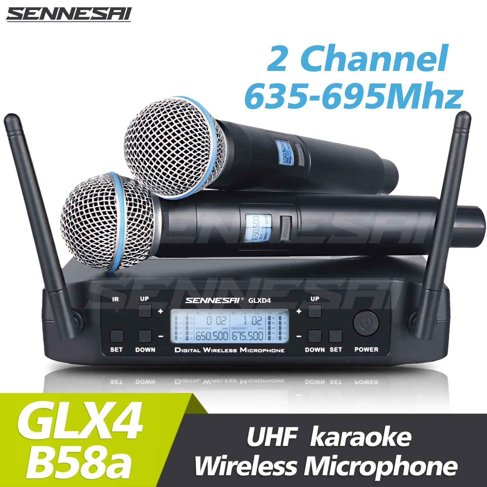 جودة عالية! ميكروفون لاسلكي مزدوج احترافي GLXD4 بنظام 600-699 ميجا هرتز، أداء مسرحي UHF ديناميكي 2 قناة محمول باليد