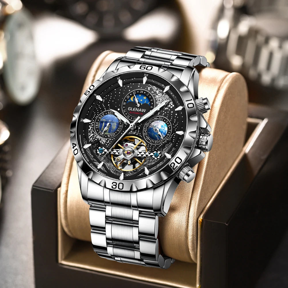 ساعات رجالي بتصميم GLENAW من أفضل العلامات التجارية الفاخرة لأزياء الأعمال ساعة أوتوماتيكية للرجال مقاومة للماء ساعة ميكانيكية Montre Homme