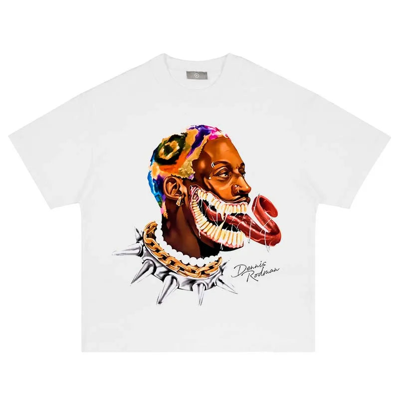 Retro Tshirt Men Oversized Funny Spoof Rodman Printed T-Shirt Hip-Hop Streetwear Cotton Washed Short Sleeve Vintage T-Shirt