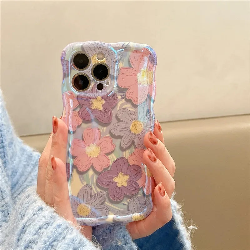 Luxury Flowers Laser Glitter iPhone Case For iPhone 14 Pro Max 13 12 11 14 Plus Fashion Soft Silicone Shockproof Bumper Cover