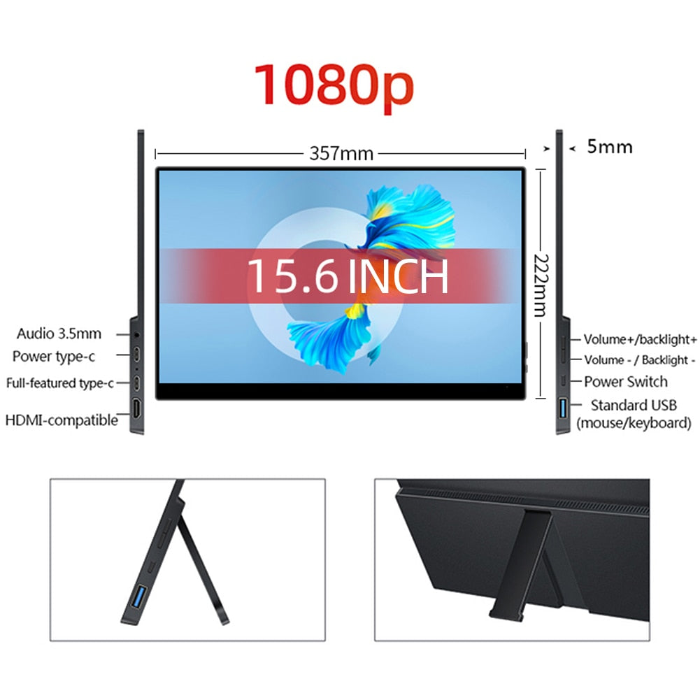 16 Inch Portable Monitor IPS FHD 1920*1080P Laptop Extended Screen USB C HDMI-Compatible PS4 PS5 Switch Computer Gaming Display