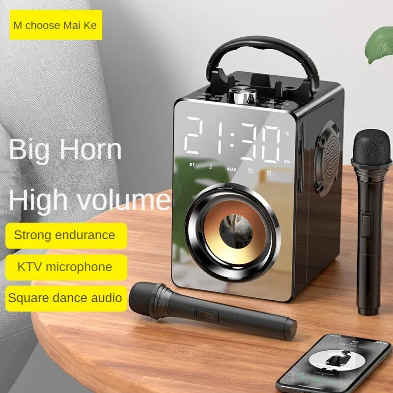 High Power Loudspeaker Bluetooth Bt Speaker Karaoke Microphone Sound Box Kits 2 In 1 Led Clock Makeup Mirror Subwoofer Dual