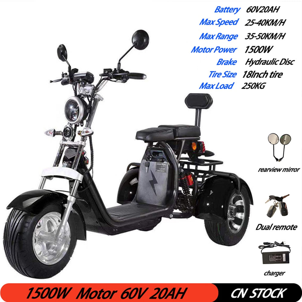 Adult Electric 3 Wheel Scooter 2000W Motor Max Speed 35-45KM/H Max Load 250KG 18 Inch Off road Fat Tire Electric Scooter