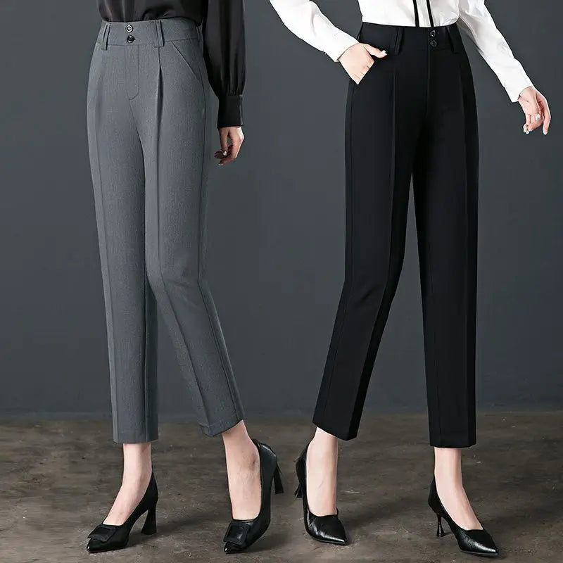 Office Lady Fashion Slim Pencil Pants Spring Autumn New Women High Waist Elastic Solid Pocket Straight Korean Casual Trousers