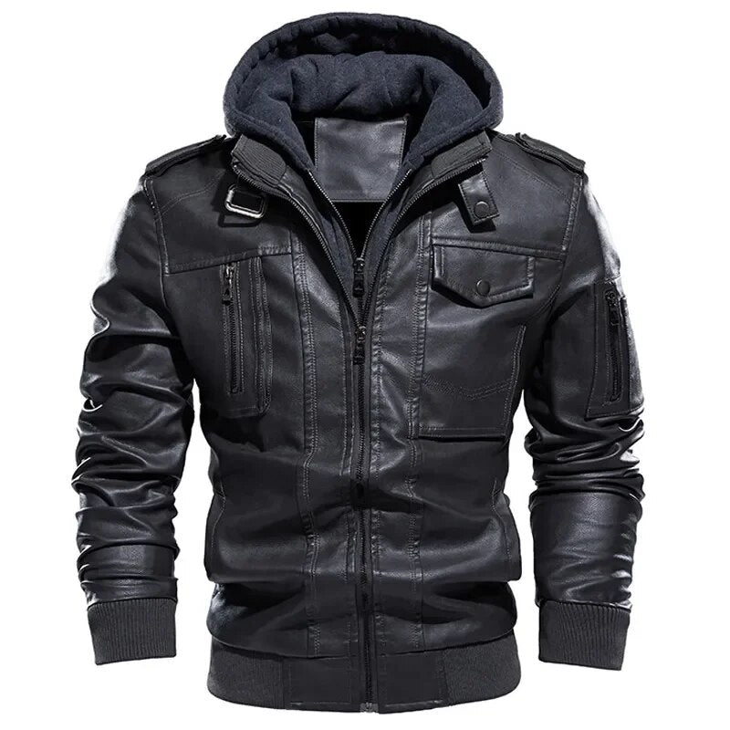 Motorcycle Jacket Men Casual PU Leather Jackets Man Winter Thick Warm Vintage Hooded Collar Club Bomber Leather Coats chaqueta