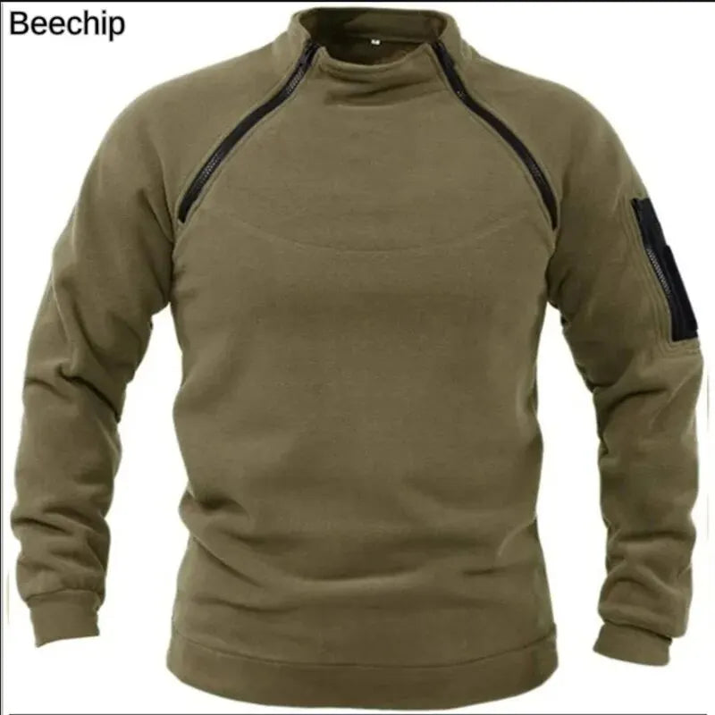 Men's Outdoor Warm And Breathable Tactical With Zipper Design, Standing Neck, Long Sleeves, Thickened Solid Color Sweater
