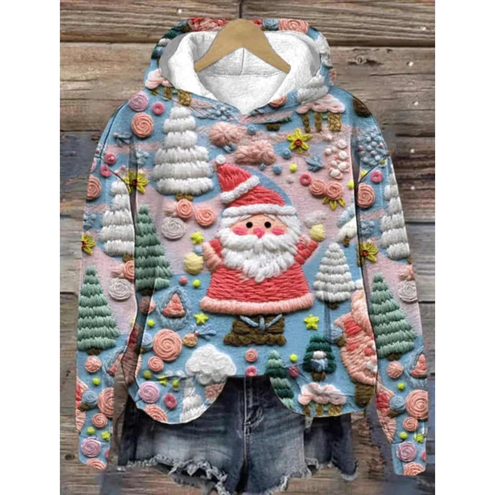 Cartoon Santa Claus Women's Hoodie Winter Oversized Hooded Sweatshirt Christmas