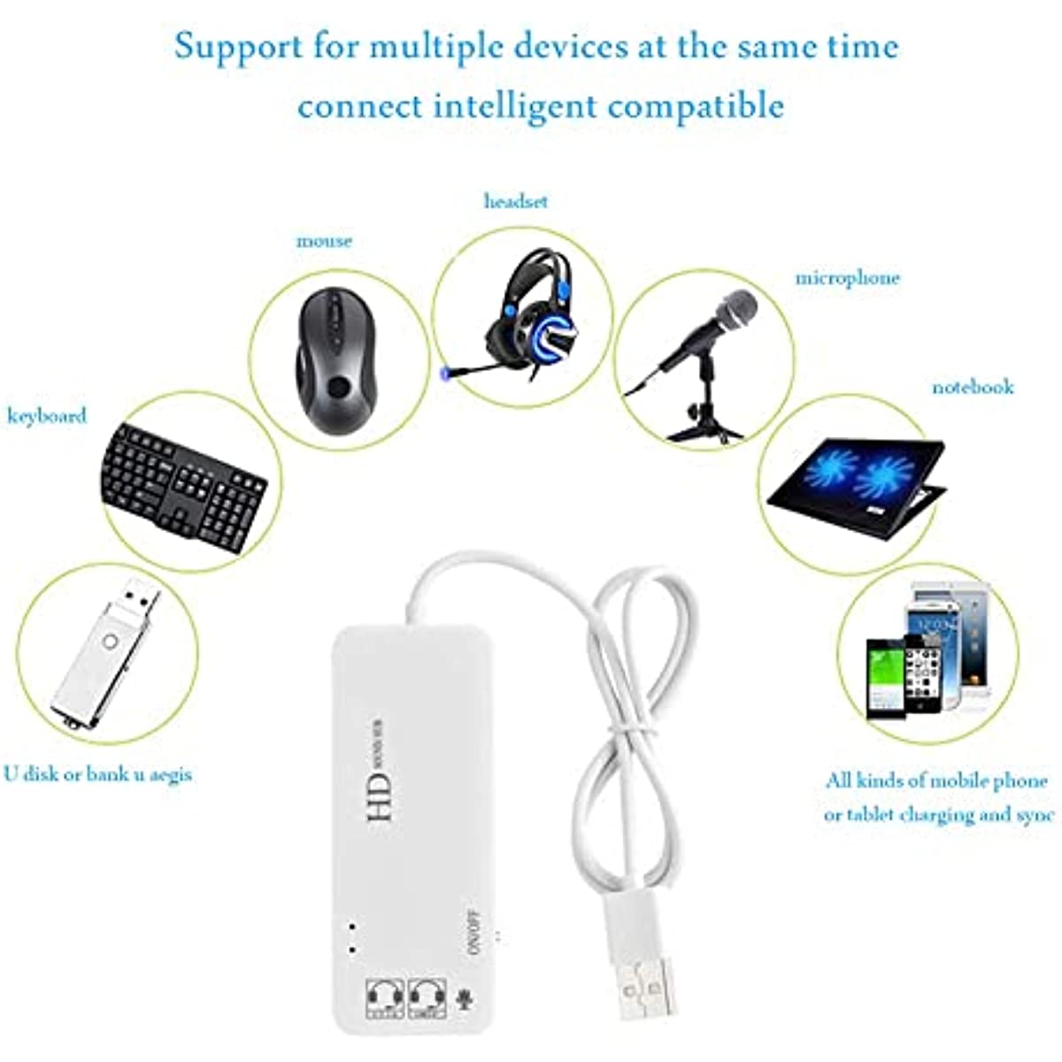 Nku USB 2.0 Hub Audio Adapter External Stereo Sound Card with 3.5mm Headphone Mic for Windows Mac Linux Laptop Desktop PC PS4/5