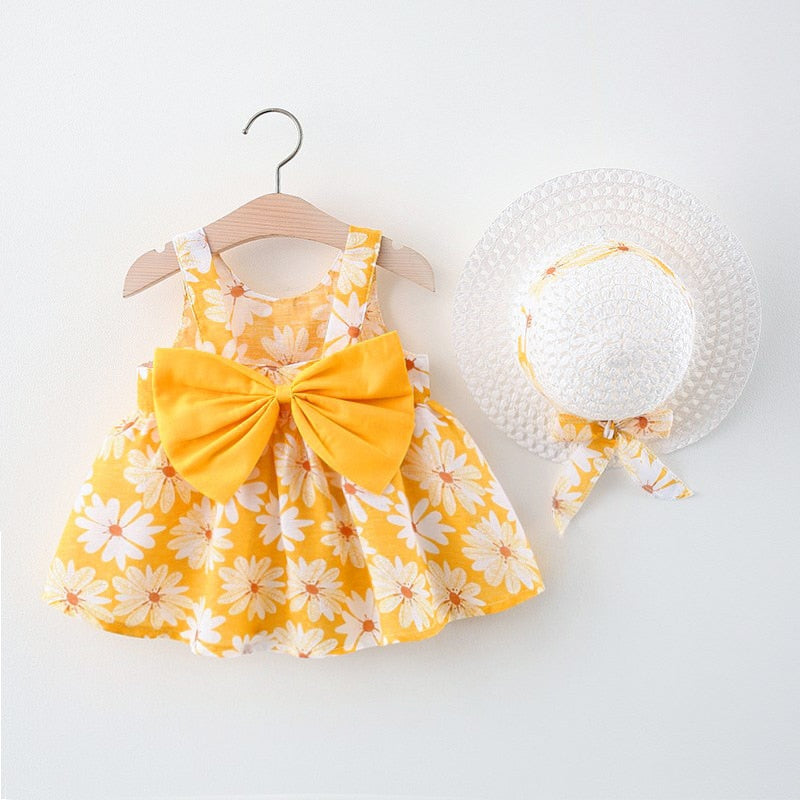 2pcs Daisy Dress For Girls Summer Sweet Bow Baby Beach Dresses Newborn Kids Clothes 0 To 3 Years Old Children + Hat