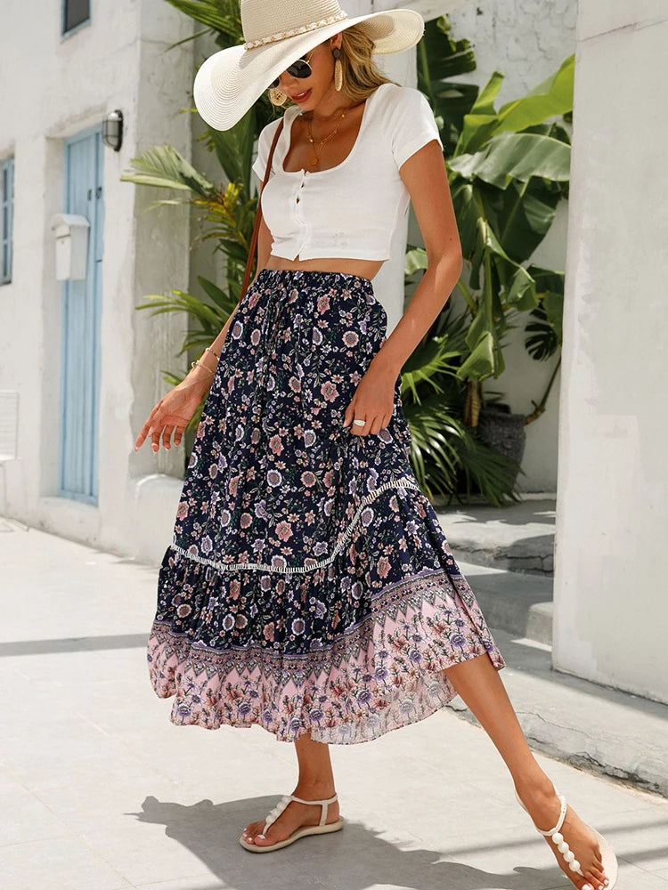 Jastie Boho Retro Floral Print Skirts Women 2023 Summer High Waist A-Line Pleated Long Skirts Casual Holiday Beach Skirt