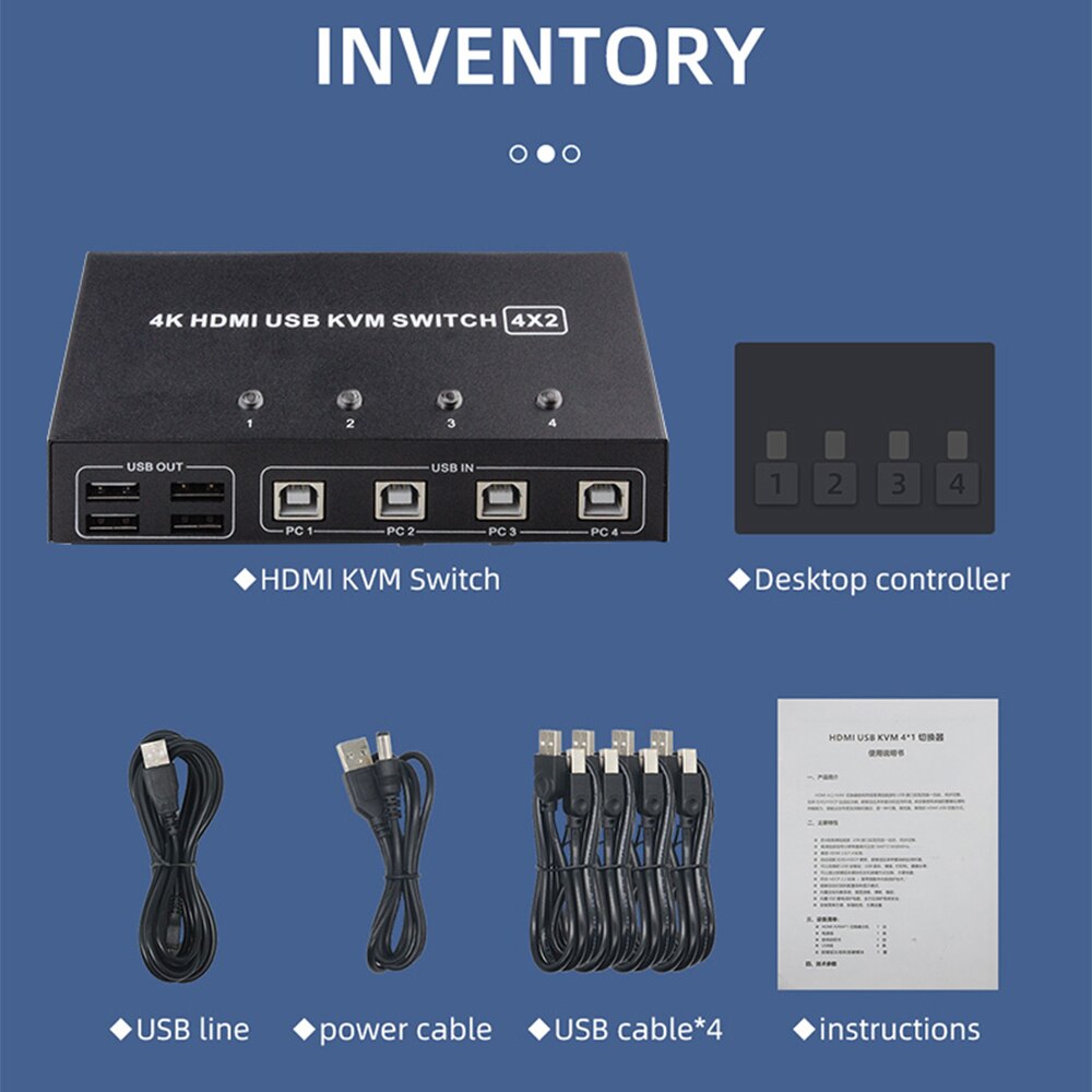 4 Port HDMI KVM Switch 4X2 Dual Monitor 4K@60Hz Extended Display USB KVM Switch 4 in 2 out for 4 PC Share Keyboard Mouse Monitor