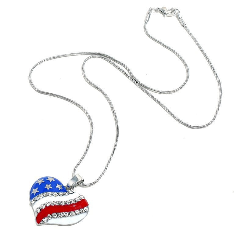 USA Labor Day American Flag Enamel Blue & Red Crystal Rhinestone Heart Patriotic Independence Day Pendant Necklaces