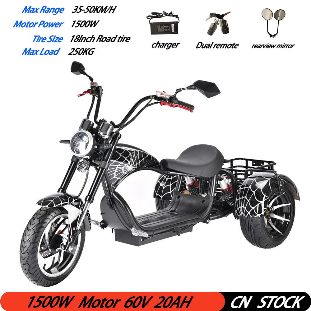 Adult Electric 3 Wheel Scooter 2000W Motor Max Speed 35-45KM/H Max Load 250KG 18 Inch Off road Fat Tire Electric Scooter