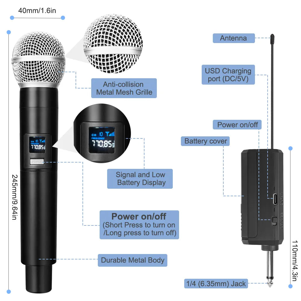 Wireless Karaoke Microphone Professional UHF Cordless Dynamic Mic with Rechargeable Receiver for Voice Amplifier PA System Party