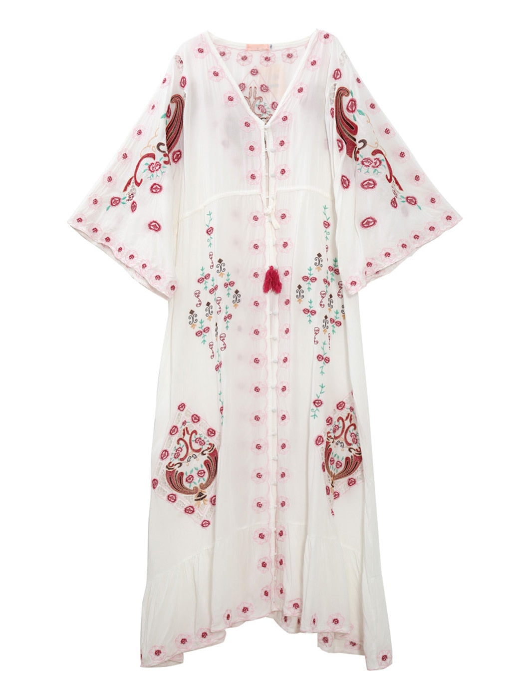 Jastie Floral Embroidered Boho Dress V-Neck Batwing Sleeve Women Dresses Loose Long Maxi Dress Summer Dresses Vestidos