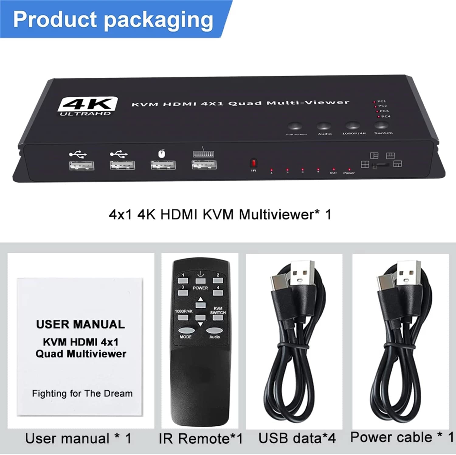 4K HDMI KVM Switch 4x1 Quad Multi Viewer 4 in 1 Out KVM HDMI Processor Screen Multiviewer Seamless for 4 PC Share Mouse Keyboard