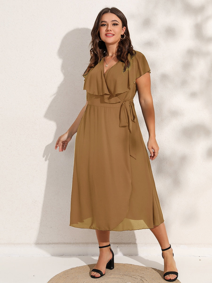 Finjani Belted Wrap Dress For Women 2022 Plus Size Summer Midi Dress V-Neck Solid Ruffle Sleeve Party Dresses