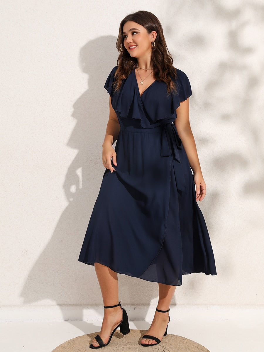 Finjani Belted Wrap Dress For Women 2022 Plus Size Summer Midi Dress V-Neck Solid Ruffle Sleeve Party Dresses