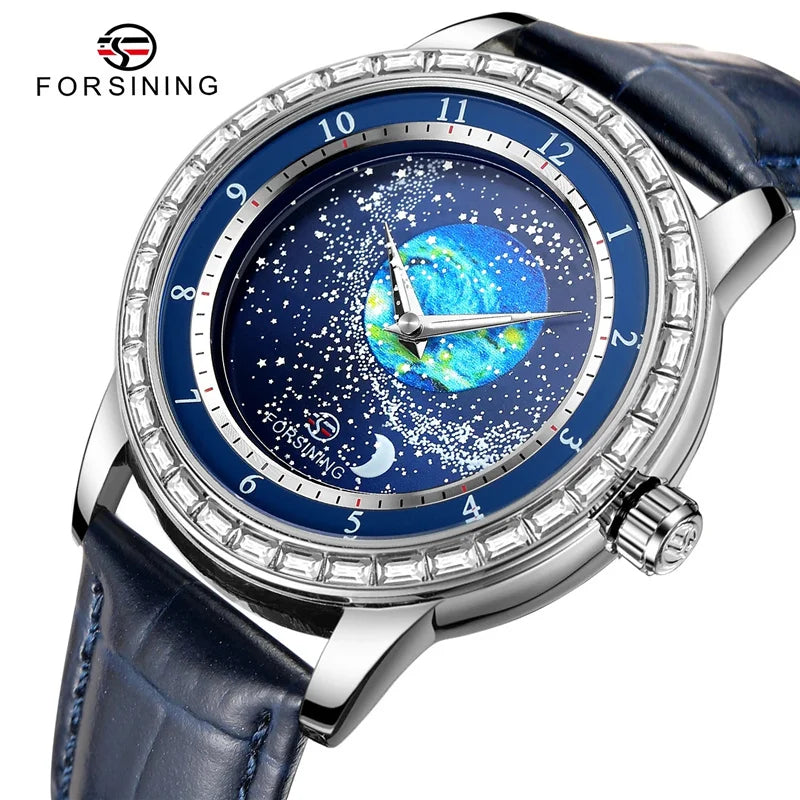 Forsining 432E ساعة ميكانيكية أوتوماتيكية أصلية جديدة للرجال فاخرة الماس التناوب السماء المرصعة بالنجوم القمر المرحلة ساعة اليد