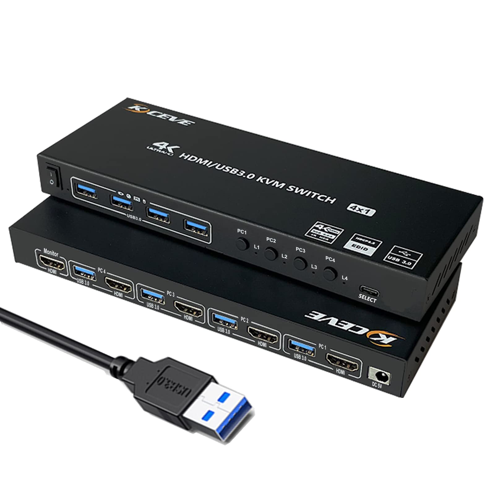 USB 3.0 KVM Switch HDMI 4 Port Support , USB Hub HDR EDID HDMI USB Switch 4 in 1 Out and 4 USB 3.0 Port for Keyboard Mouse Print