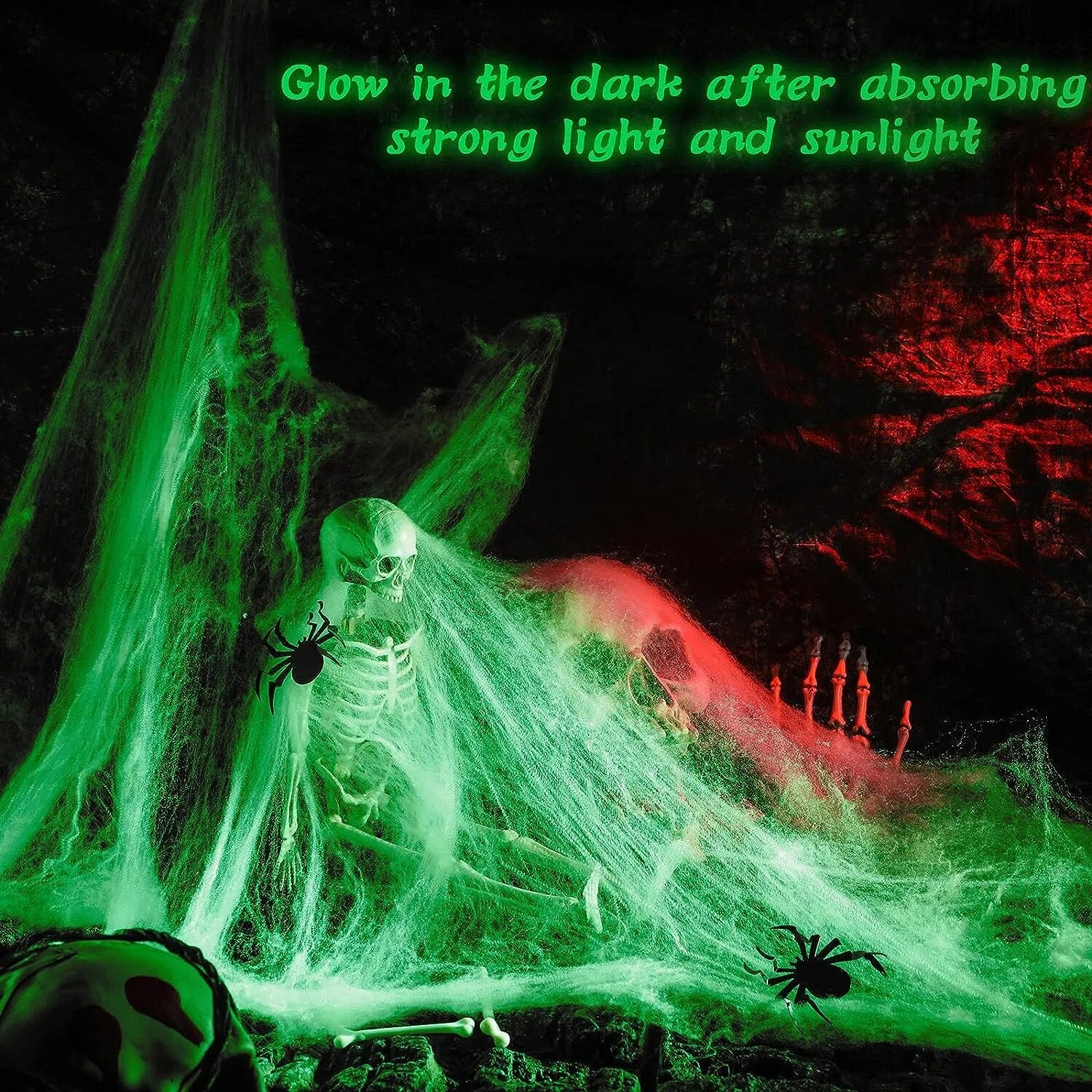 Glow in The Dark Spider Webs and Fake Spiders White Stretch Cobwebs for Halloween Indoor Outdoor Horror Decoration Prop