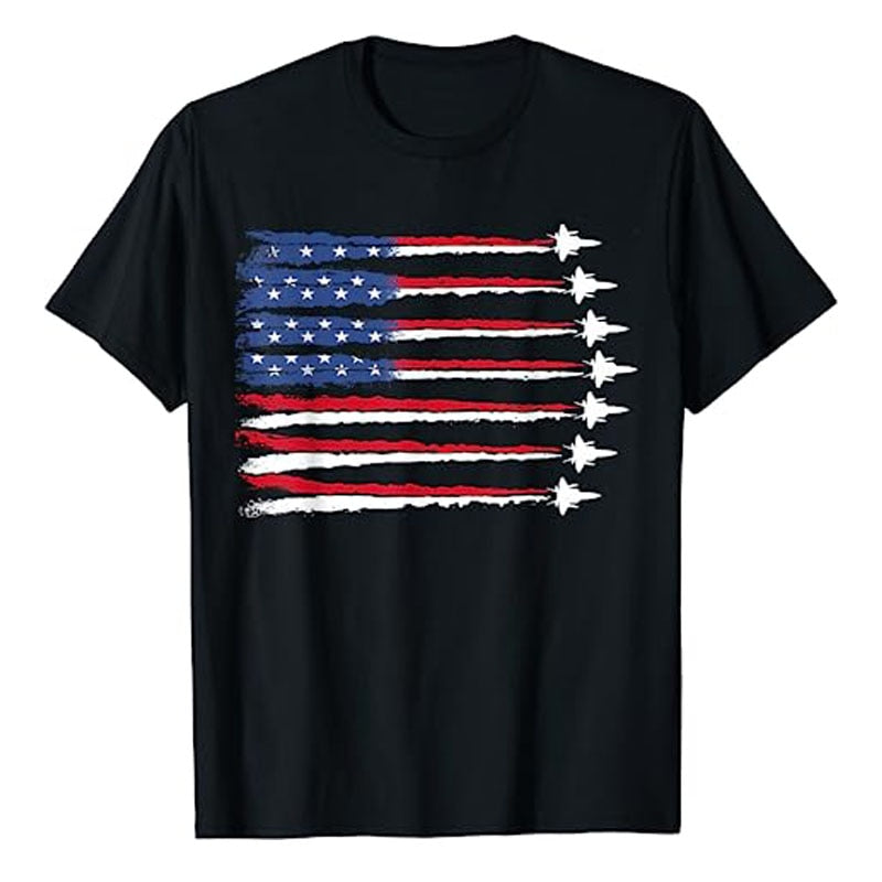 Patriotic Red White Blue US Flag Fighter Jets 4th of July T-Shirt American USA Proud Graphic Tee Memorial Veteran's Day Apparel