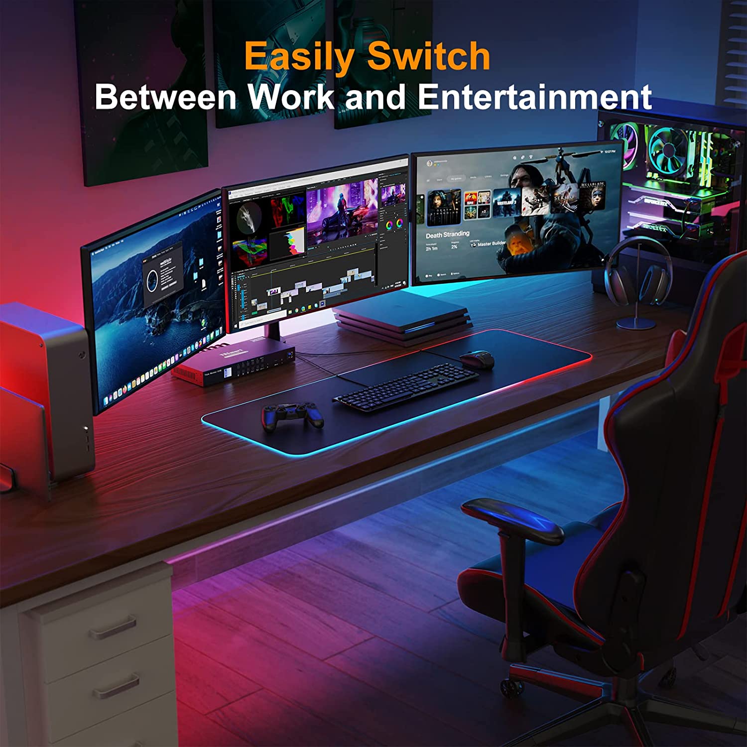 TESmart KVM Switch 3 Monitors 4 Computers 4K@60Hz 4:4:4, Support 3 USB Peripherals, 2 Audio Out, Mechanical, Multimedia Keyboard