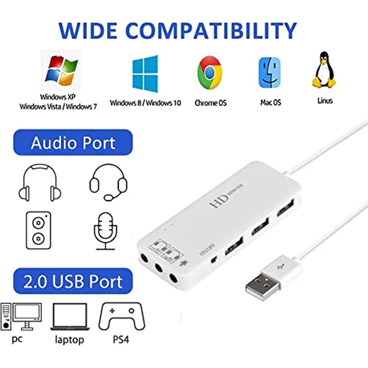 Nku USB 2.0 Hub Audio Adapter External Stereo Sound Card with 3.5mm Headphone Mic for Windows Mac Linux Laptop Desktop PC PS4/5