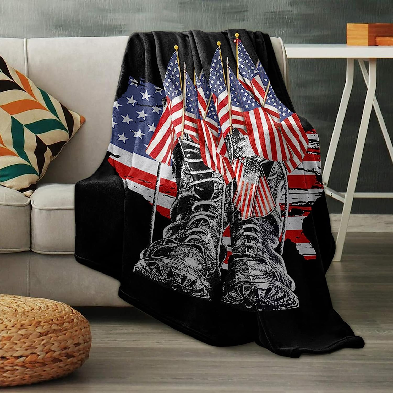 Memorial Day Soldier Shoes Throw Blankets, USA Star Striped Flag Luxury Ultra Soft Flannel Bed Blanket Blue White Red