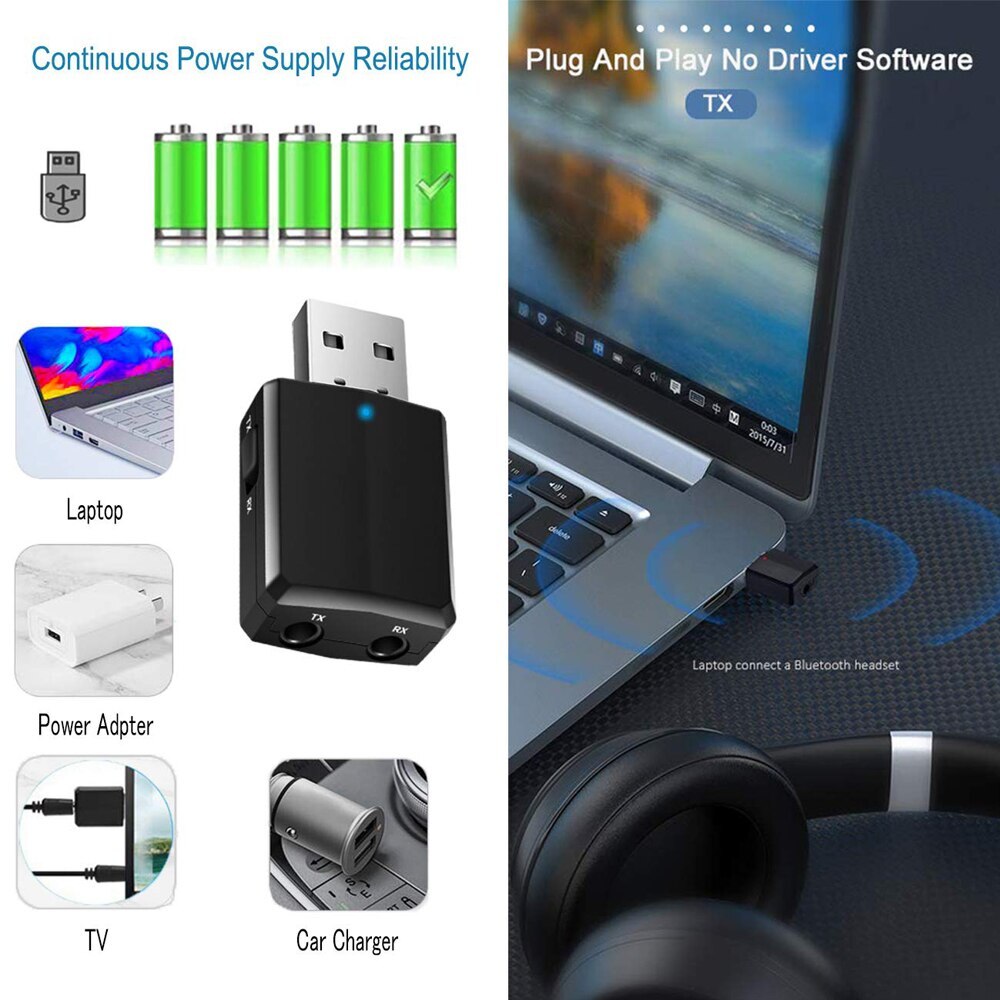 Wireless Audio Transmitter Receiver 3 In 1 Adapter With 3.5mm Cable For Car TV Headset Speaker Aux Bluetooth Compatible 5.0