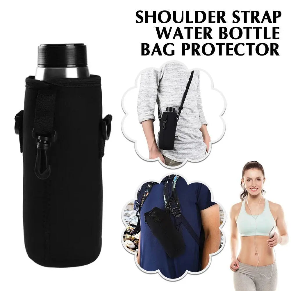 Sports Water Bottle Sleeve Bag Portable Cup Holder Protective Cover Black Carrying Bag With Shoulder Strap For Outdoors Sports