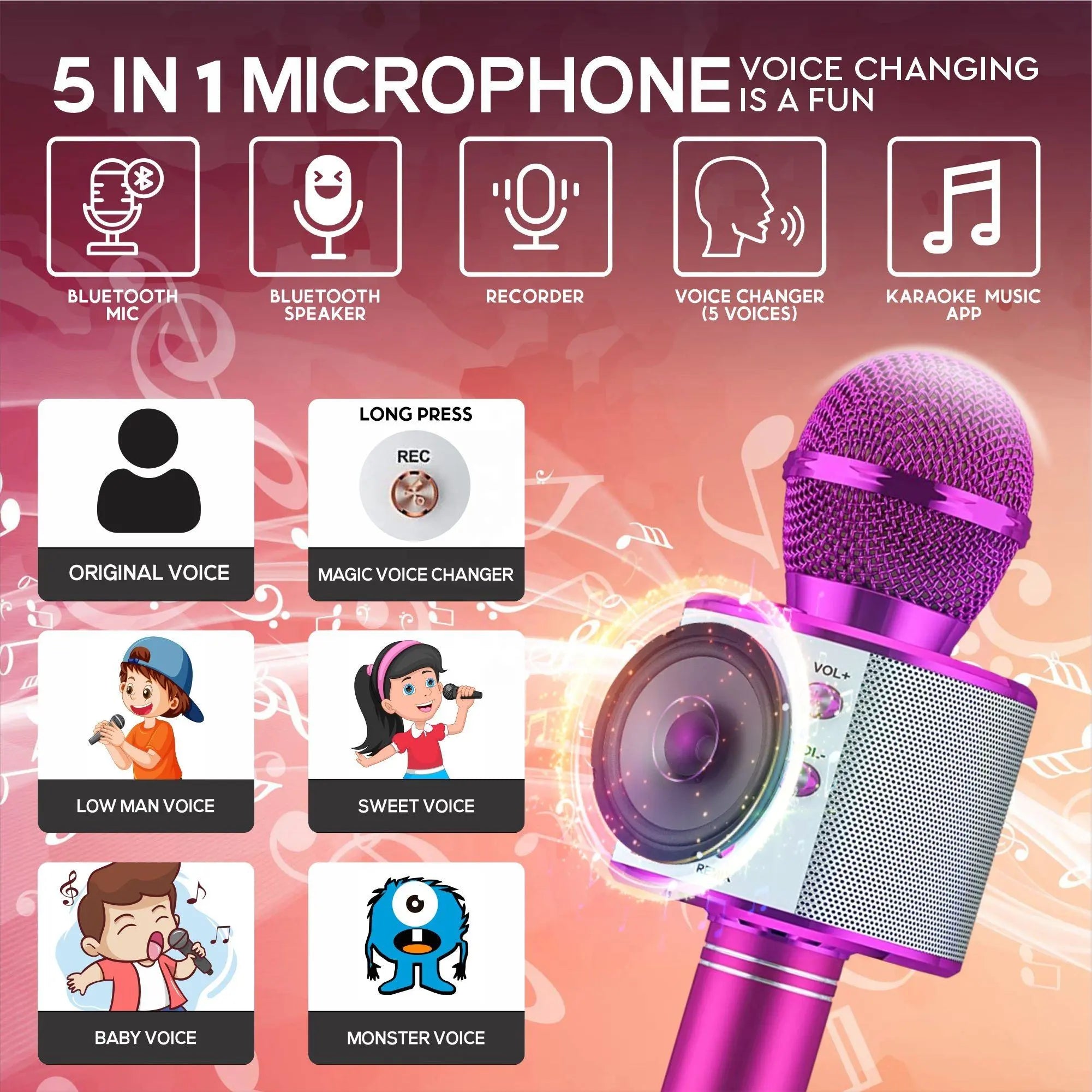 Karaoke Bluetooth Speaker With Microphone,Rechargeable Portable Voice Changer  Wireless Bluetooth Mic for Children