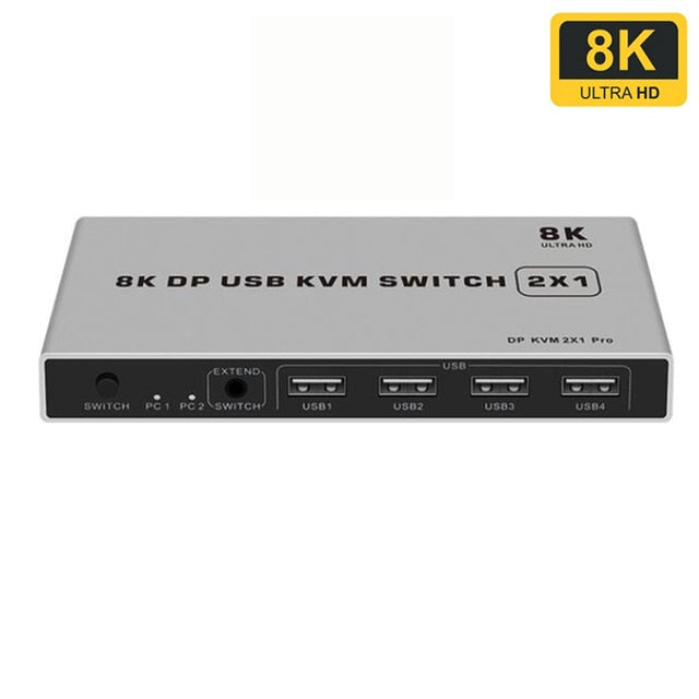 8K Dual-port DP USB KVM 2x1 Displayport KVM Switch 2 in 1 out 4K 60Hz 2-Port DP 1.4 USB KVM Switch Support Mouse Keyboad Printer